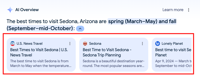 A Google search result page with snippets highlighted in a red box, showing articles about the best times to visit Sedona, Arizona. The top recommendation periods are March-May and September-mid-October. The first snippet is from U.S. News Travel, the second from Sedona Trip Planning, and the third from Lonely Planet.