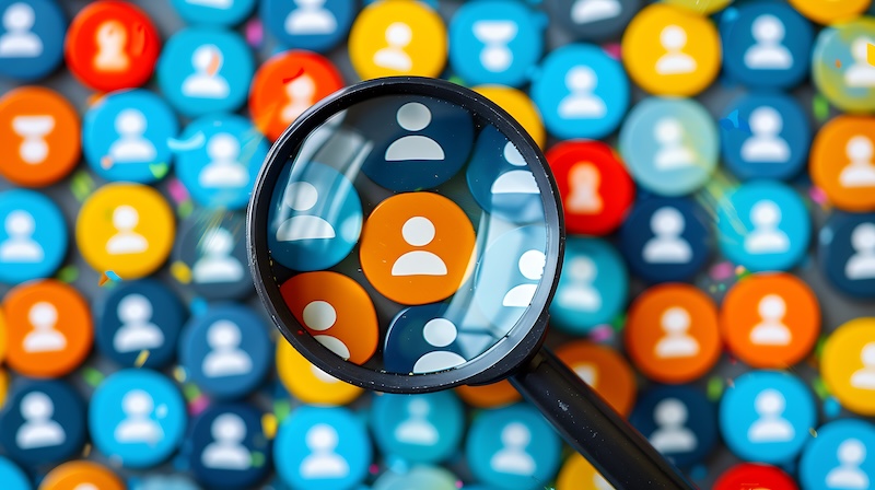 A magnifying glass enlarges a single orange icon with a person symbol, highlighting it among colorful circular icons. The background of blue, yellow, and red symbols suggests a focused approach to individual selection in online presence management.