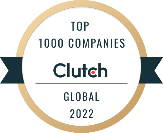 A circular emblem with a cream and navy color scheme. Text reads: "Top 1000 Companies, Clutch, Global, 2022.