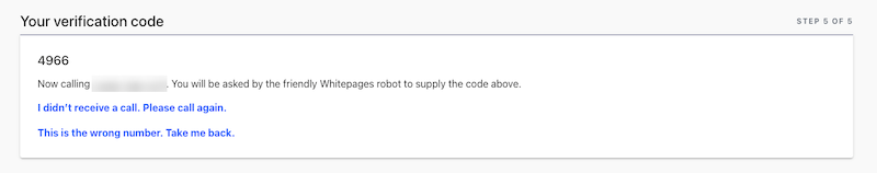 Screenshot of a verification code step. The code "4966" is displayed. Instructions mention that you will be called by the Whitepages robot to supply the code. Links for not receiving the call, reporting a wrong number, and 411.com opt out are below the instructions.