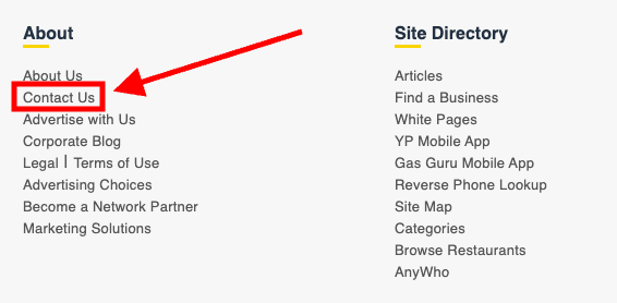 Screenshot of a website menu with an arrow pointing to the "Contact Us" link. The menu includes sections "About" with links like "About Us", "Advertise with Us", and "Legal | Terms of Use", and "Site Directory" with links like "Articles" and "Browse Restaurants".