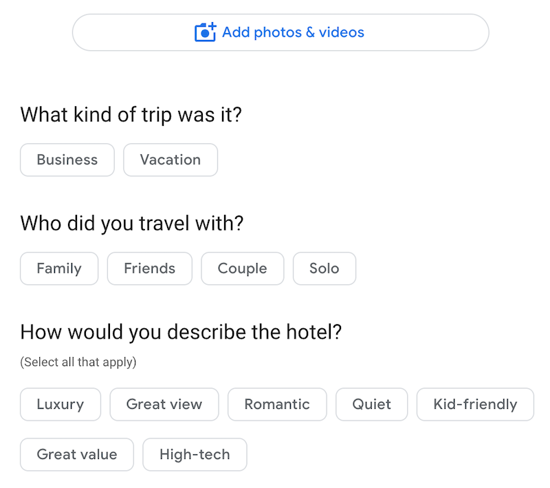 Survey form with options for trip details. Questions include: "What kind of trip was it?" with choices for Business or Vacation. "Who did you travel with?" options: Family, Friends, Couple, Solo. "How would you describe the hotel?" with various descriptors.