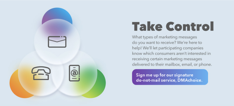 An infographic promotes a service for managing marketing messages. It features icons of an envelope, a phone, and a mobile device within three colored overlapping circles. Text reads, "Take Control" and "Sign me up for our signature do-not-mail service, DMAchoice.