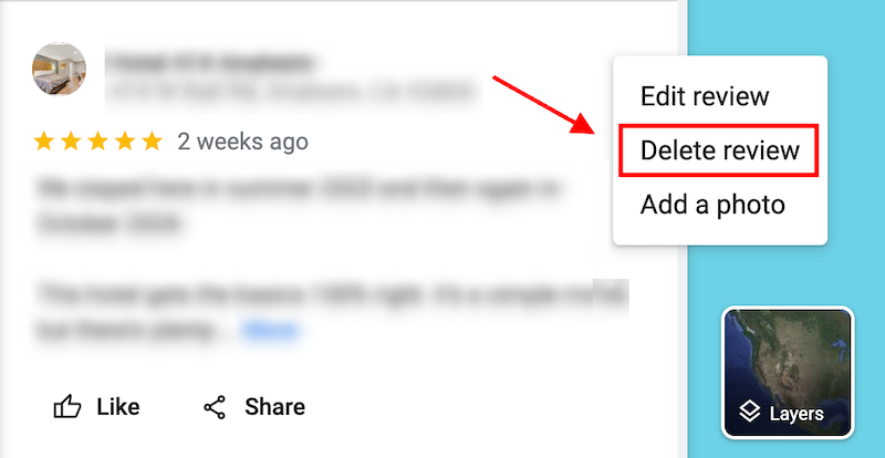 A screenshot of a review interface with a blurred review, showing star ratings and the options "Edit review," "Delete review" highlighted with a red box, and "Add a photo." A map preview is in the bottom right corner.