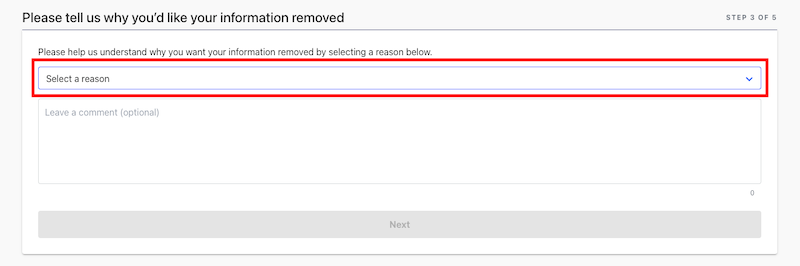 Screenshot of a form step on 411.com opt out titled "Please tell us why you’d like your information removed" with a drop-down menu labeled "Select a reason" highlighted in red. Below the menu is an optional comment box and a "Next" button.