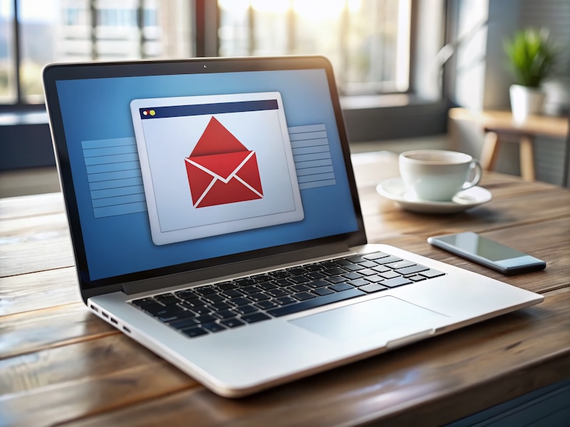 A laptop displaying an email icon with a red envelope on the screen sits on a wooden desk alongside a white cup and saucer, with a smartphone nearby. The scene is well-lit, suggesting a modern, cozy workspace, yet hints at online extortion lurking within the digital world.