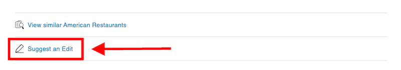 Screenshot of a webpage section with a link labeled "View similar American Restaurants" and a button highlighted in red with an arrow pointing to it labeled "Suggest an Edit.