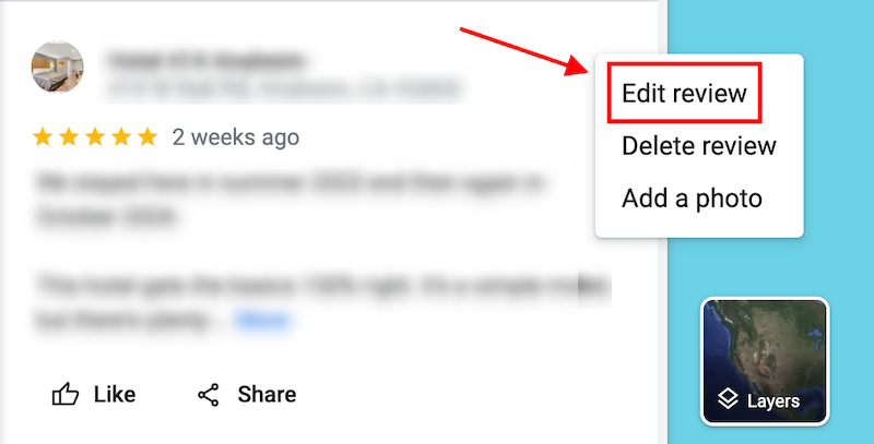 A screenshot of a review interface shows options to "Edit review," "Delete review," and "Add a photo." The review has a 5-star rating and was posted two weeks ago. There's a map thumbnail at the bottom right.