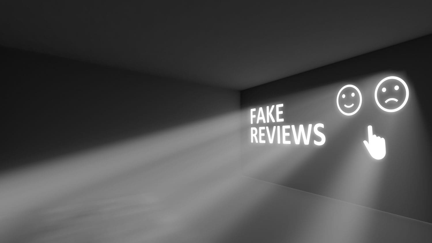 A dark room with light beams illuminating text reading "FAKE REVIEWS" on the wall. Two icons are displayed: a smiling face and a sad face, with a hand cursor pointing toward them.