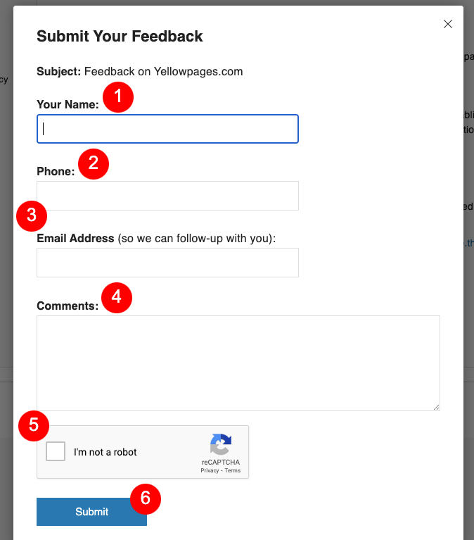 A form titled 'Submit Your Feedback' with fields for Name, Phone, Email Address, and Comments. There is a CAPTCHA checkbox labeled 'I'm not a robot' and a blue 'Submit' button at the bottom.