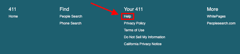 A footer section of a website with links under four headings: "411," "Find," "Your 411," and "More." An arrow points to the "Help" link under the "Your 411" heading. Other links include Home, People Search, Phone Search, Privacy Policy, Terms of Use, and more. Learn how to 411.com opt out for privacy.