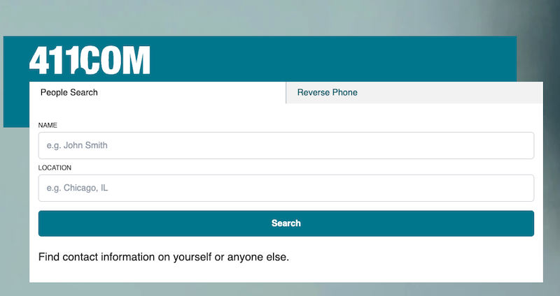 A website titled "411COM" for people search and reverse phone lookup. It has fields for entering a name and location with a "Search" button below them. Text at the bottom reads, "Find contact information on yourself or anyone else." Easily opt-out options available via 411.com opt out.