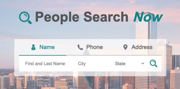 Screenshot of a website interface for a people search service. The image shows search tabs for "Name," "Phone," and "Address." Below the "Name" tab are fields for first and last name, city, and state. The background features a cityscape with tall buildings at sunset.