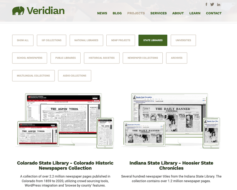 Screenshot of the Veridian website featuring projects for the Colorado and Indiana State Libraries. Each project showcases digitized newspaper collections accessible on various digital devices, offering a glimpse into how to do a deep web search on someone by exploring historical archives with ease.