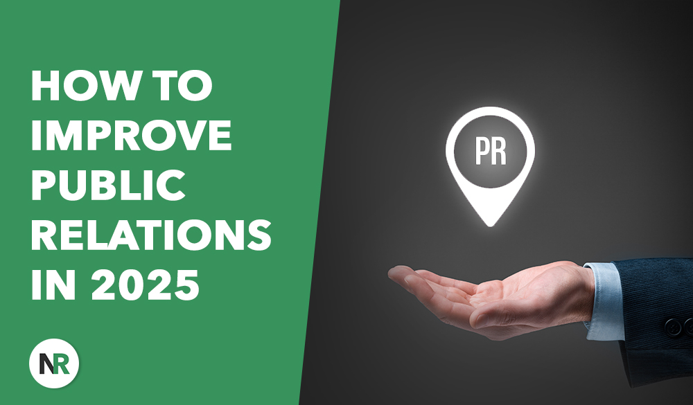 A hand in a suit holds a glowing map pin with "PR" inside on a dark background. Text on the green section reads "How to Improve Public Relations in 2025," highlighting emerging strategies for enhancing public relations in the future.