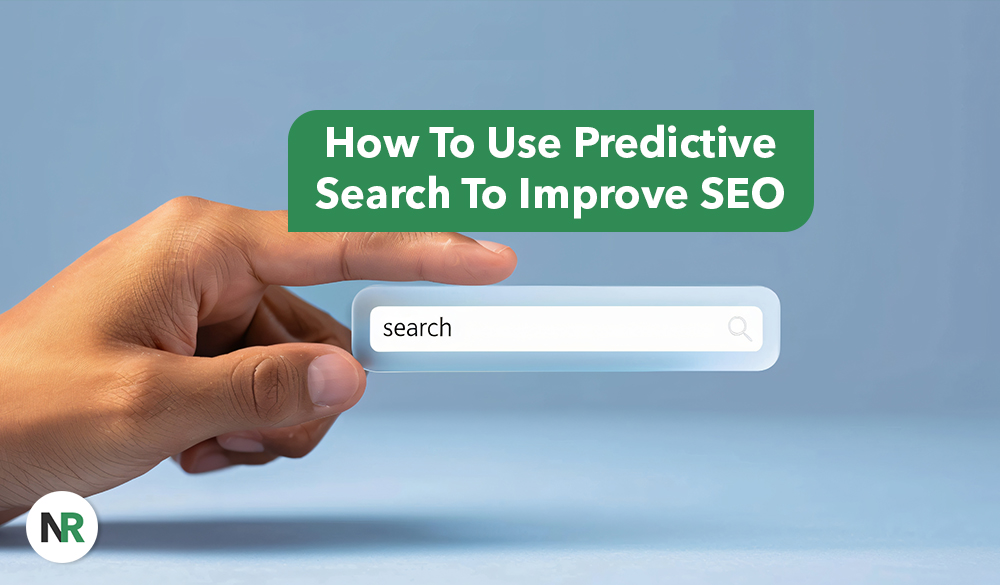 A hand engaging with a floating search bar labeled "search" is depicted. Above, a green speech bubble showcases the white text: "How to Use Predictive Search to Improve SEO." Set against a light blue background, this scene illustrates the power of predictive search in optimizing digital presence.