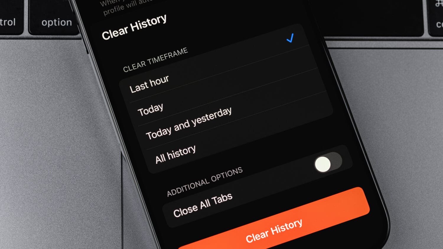 A smartphone screen displays a "Clear History" menu with options for how to remove search history on iPhone, letting you clear browsing history for the last hour, today, today and yesterday, or all. An additional "Close All Tabs" option is shown, complemented by a red "Clear History" button at the bottom.