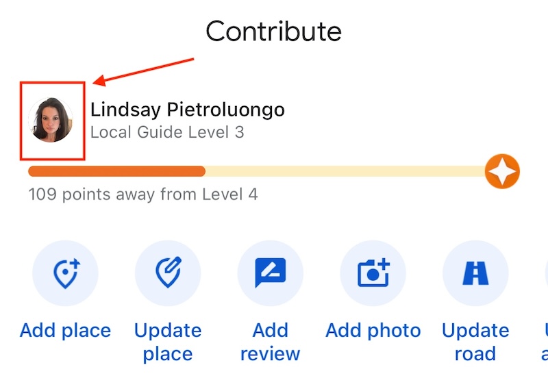 Screenshot of a Google Maps contribution page showing a user named Lindsay Pietroluongo, a Local Guide Level 3, 109 points away from reaching Level 4. Icons for adding a place, updating a place, adding a review, adding a photo, and updating roads are visible.