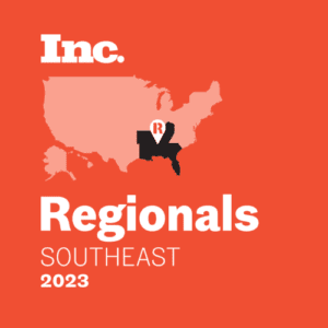 Bold orange background with a map of the United States, highlighting the Southeast region in dark color. A location pin with an "R" is placed on the map. Text reads "Inc. Regionals Southeast 2023.