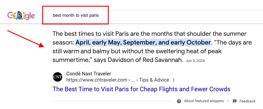 A Google search result for "best month to visit Paris" highlights from Condé Nast Traveler that April, early May, September, and early October are ideal times to visit, noting the mild weather without summer crowds.