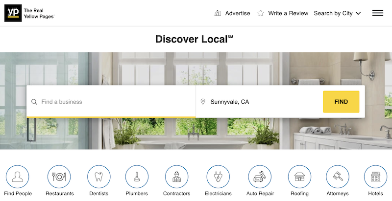 A directory search webpage with a search bar to find businesses in Sunnyvale, CA. Icons below the search bar represent categories like People, Restaurants, Dentists, Plumbers, Contractors, Electricians, Auto Repair, Roofing, Attorneys, and Hotels.