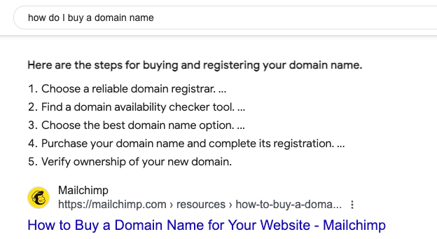 A Google search bar shows the query "how do I buy a domain name." The search result highlights instructions for buying and registering a domain name, listing 5 steps. The source is Mailchimp, providing a link titled "How to Buy a Domain Name for Your Website.