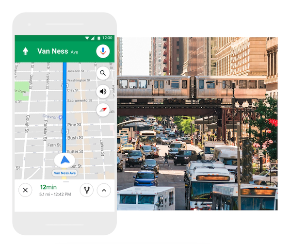 A smartphone displays a navigation app showing a route on Van Ness Ave. Next to it, a busy urban street scene features cars, buses, and an elevated train passing between tall buildings.