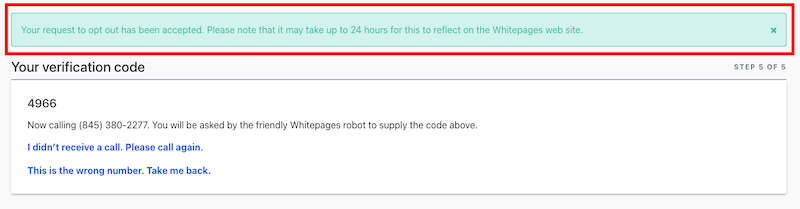 Screenshot of an online form showing a 411.com opt-out request confirmation message in a green box at the top. Below, it says "Your verification code" followed by a code: 4966. Instructions about receiving a call or retrying the code entry are also displayed.