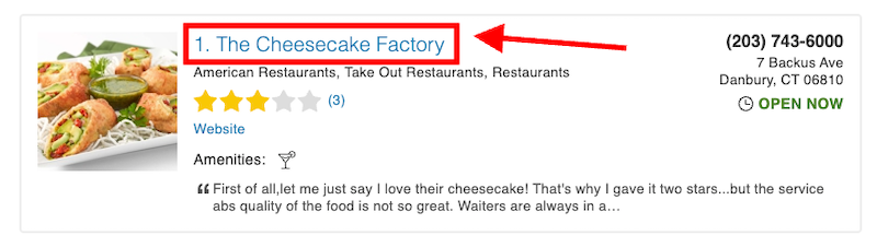 A screenshot of a business listing for The Cheesecake Factory. It includes an address, phone number, rating of 2.5 stars out of 5 from 3 reviews, a "Website" link, and a description mentioning mixed impressions about the food and service.