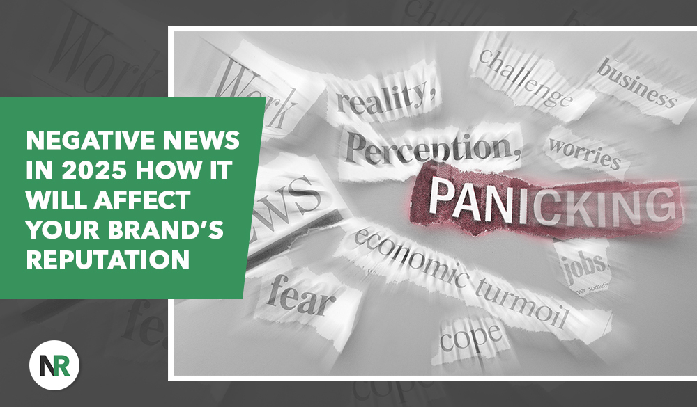 Green box with text: "NEGATIVE NEWS IN 2025 – HOW IT WILL AFFECT YOUR BRAND’S REPUTATION." Torn paper pieces in black and white display words like "PANICKING," "Perception," "fear," and "reality," highlighting the importance of customer review management.