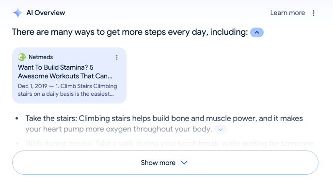 Screenshot of a webpage titled "AI Overview" with tips on increasing daily steps. A highlighted article from Netmeds is titled "Want to Build Stamina? 5 Awesome Workouts That Can..." with the first tip, "Climb Stairs," listed. Additional tips follow below.