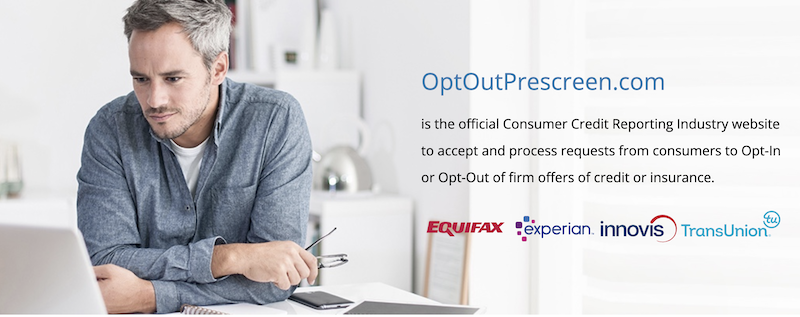 A man with a gray shirt stares at a laptop screen on a desk. Text on the image reads, "OptOutPrescreen.com is the official Consumer Credit Reporting Industry website to accept and process requests from consumers to Opt-In or Opt-Out of firm offers of credit or insurance." Logos for Equifax, Experian, Innovis, and TransUnion are displayed at the bottom.