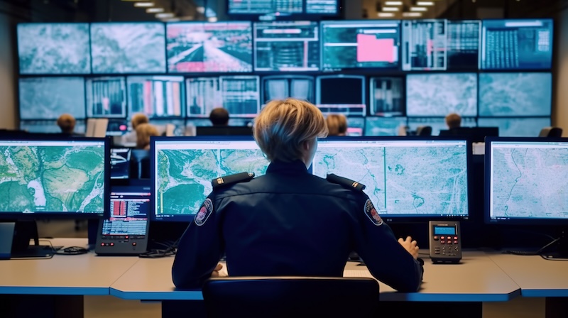 A person in a uniform sits at a desk surrounded by multiple monitors displaying maps and data, vigilantly monitoring for signs of online extortion. Several large screens are mounted on the wall showing similar information. Other people work at desks in the background, ensuring digital security.