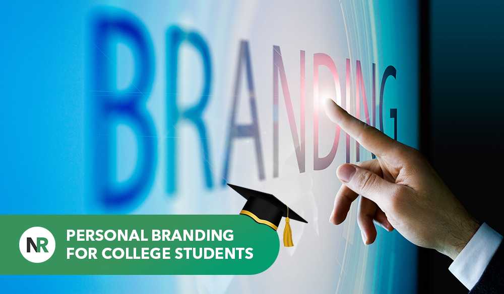 A hand is pointing to the word "BRANDING" on a screen. The phrase "PERSONAL BRANDING COLLEGE STUDENTS" is visible in a green banner at the bottom left, accompanied by a graduation cap graphic.