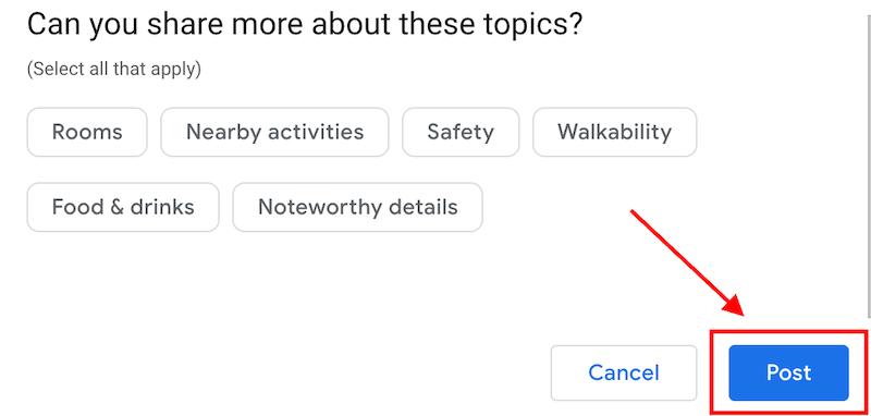 A survey interface asking for feedback on various topics, including Rooms, Nearby activities, Safety, Walkability, Food & drinks, and Noteworthy details. A red arrow points to a blue "Post" button at the bottom right.