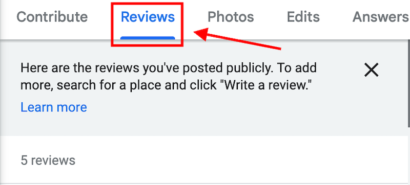 A webpage showing a "Reviews" section is highlighted with a red arrow. Text instructs users how to add more reviews by searching for a place and clicking "Write a review." There are 5 reviews listed.