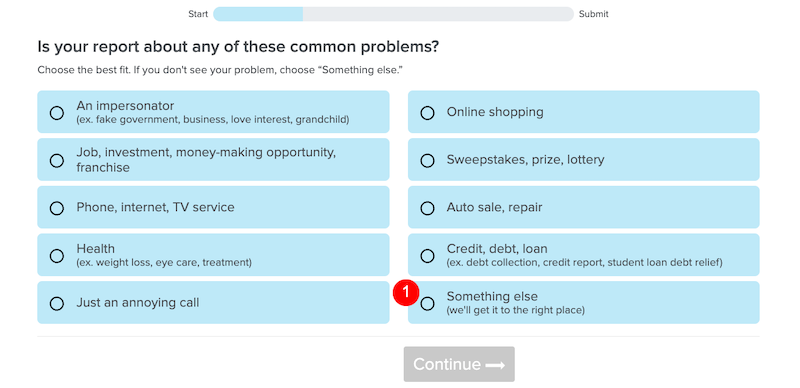 A webpage form with the question "Is your report about any of these common problems?" Options include impersonator, shopping, services, credit, health, and more. A red icon indicates selection of "Something else." A "Continue" button is shown below.