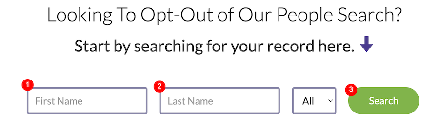 An online form interface to opt out of a people search. It includes fields for "First Name" and "Last Name" with a dropdown menu for additional options next to them, and a green "Search" button on the right. The header text prompts users to search for their record.