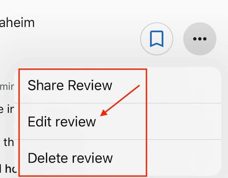 A screenshot of a dropdown menu with options: "Share Review," "Edit review," and "Delete review." An orange arrow points to the "Edit review" option.