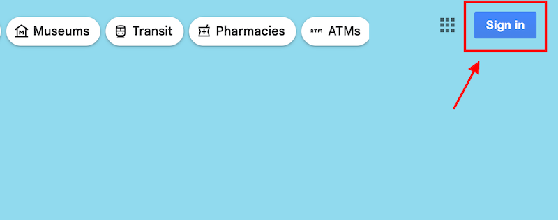 A webpage with a light blue background features buttons labeled "Museums," "Transit," "Pharmacies," and "ATMs" at the top left. A "Sign in" button is highlighted in red at the top right, next to a grid icon.