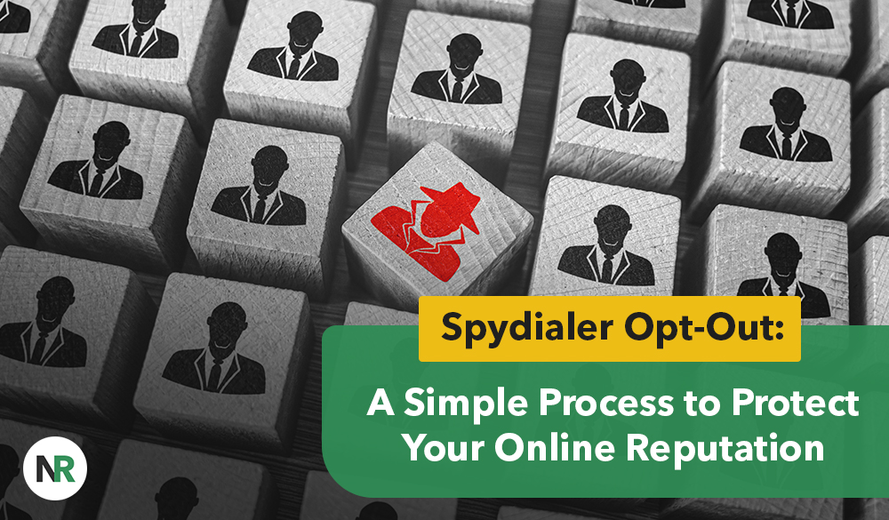 Wooden blocks with black suit and tie silhouettes, except for one red block with a downward arrow. Text on image: "SpyDialer Opt-Out: A Simple Process to Protect Your Online Reputation. Effortlessly safeguard your privacy from SpyDialer threats.