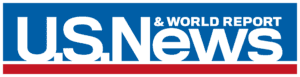 Logo of U.S. News & World Report, featuring bold white text on a blue background with a red underline.