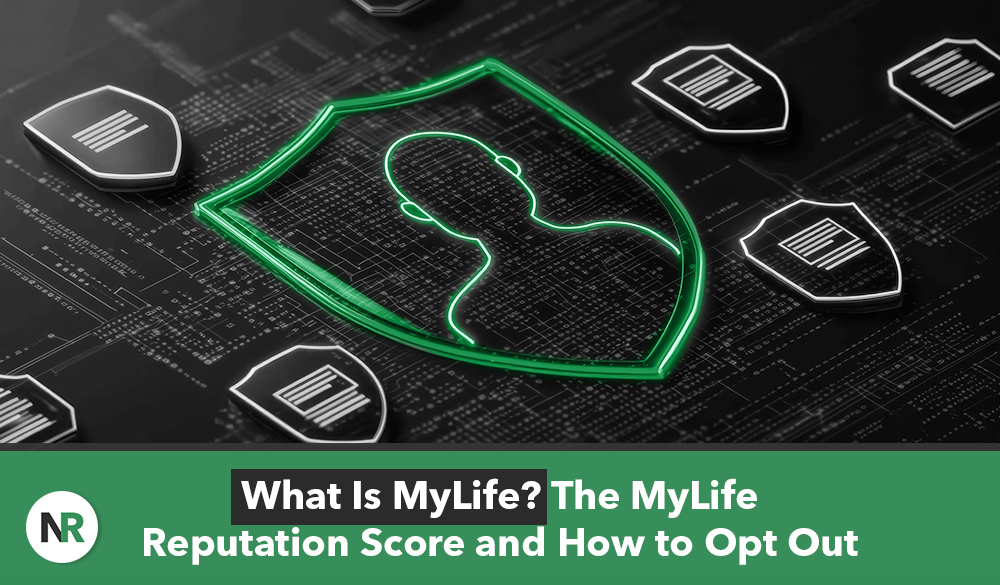 An abstract digital image features a green shield with a silhouette inside, set against a dark background adorned with barcodes. At the bottom, the text poses the question, "What Is MyLife?" and explores the MyLife Reputation Score along with guidance on how to opt out.