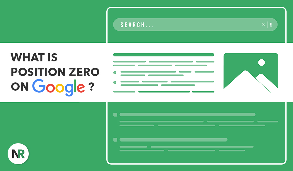 Illustration depicting a Google search results page with the text "What is Position Zero on Google?" A generic search bar and icons representing text and an image illustrate key search features. The colors are primarily green, white, and light gray, emphasizing the concept of position zero.