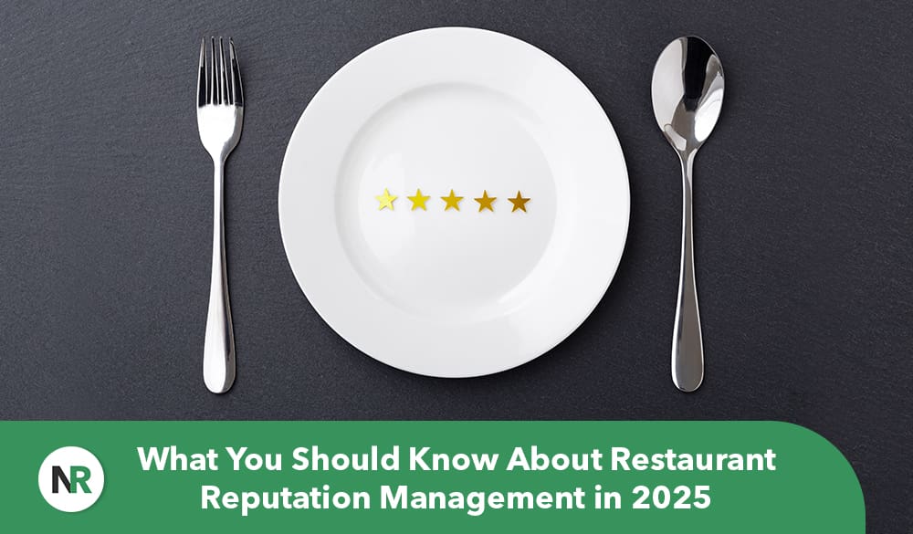 A white plate with five gold stars arranged in a line on a dark surface. A fork is placed to the left and a spoon to the right of the plate. The green banner below reads, "What You Should Know About Restaurant Reputation Management in 2025," highlighting emerging trends.