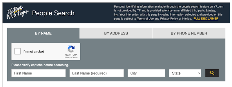 An online people search webpage titled "The Real White Pages" with options to search by name, address, or phone number. A reCAPTCHA checkbox labeled "I'm not a robot" is present. Input fields for first name, last name (required), city, and state are displayed.