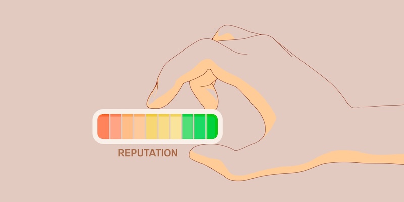 Illustration of a hand holding a rectangular gauge labeled "Reputation" with color segments ranging from red on the left to green on the right, indicating different levels of reputation. The design is inspired by brandyourself's emphasis on tracking and improving personal branding.
