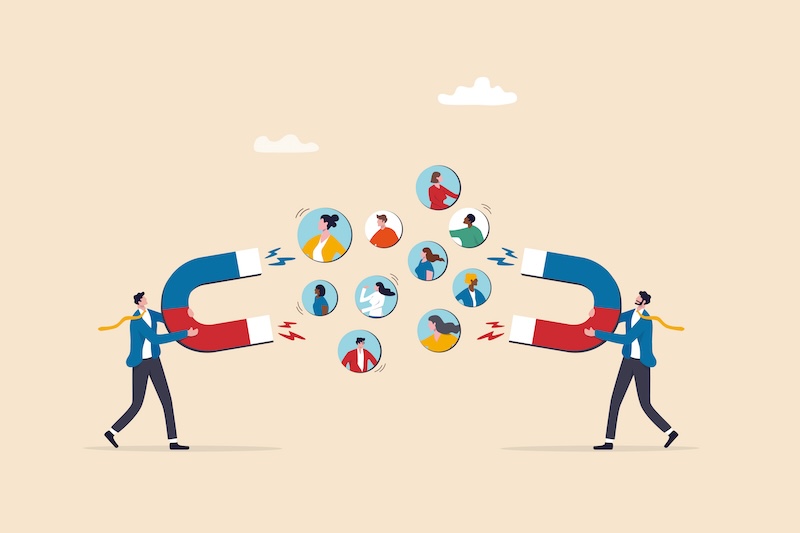 Illustration of two businesspeople holding large magnets, each attracting various small circular icons with different people inside them, representing customer acquisition or recruitment. The background is a light beige with a few small clouds, highlighting the brandyourself strategy in action.