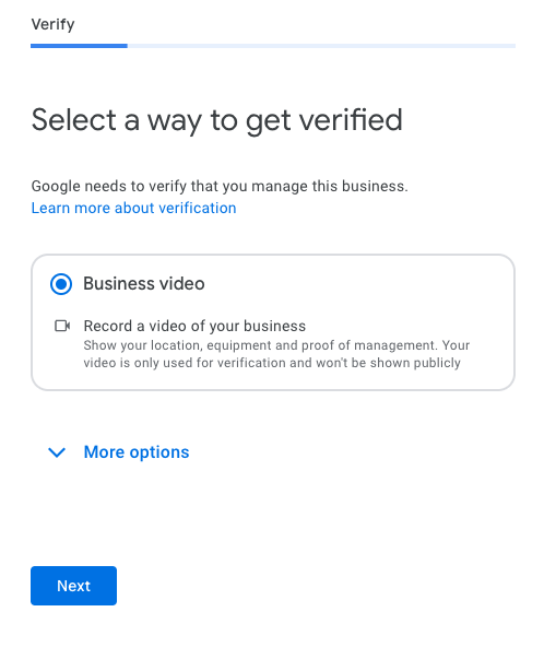 Business video verification request from Google.