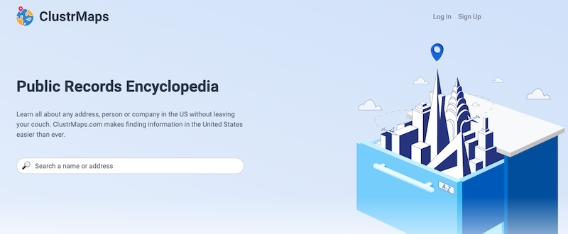 A website homepage for ClustrMaps titled "Public Records Encyclopedia." It displays a search bar for names or addresses and an illustration of a cityscape emerging from an open file drawer. Options to log in and sign up are in the top right corner.